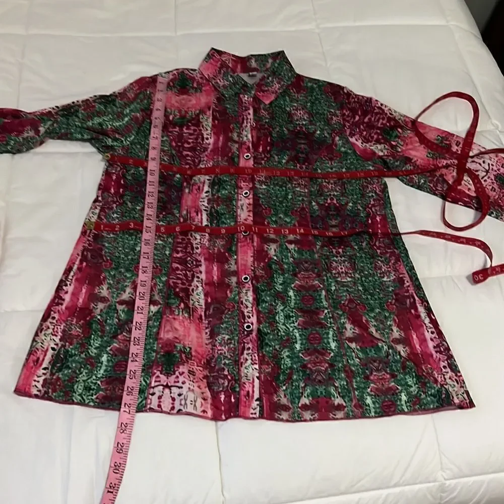Misslook Blouse Size Medium Collar Button Front Long Sleeve Slimming Pink Green